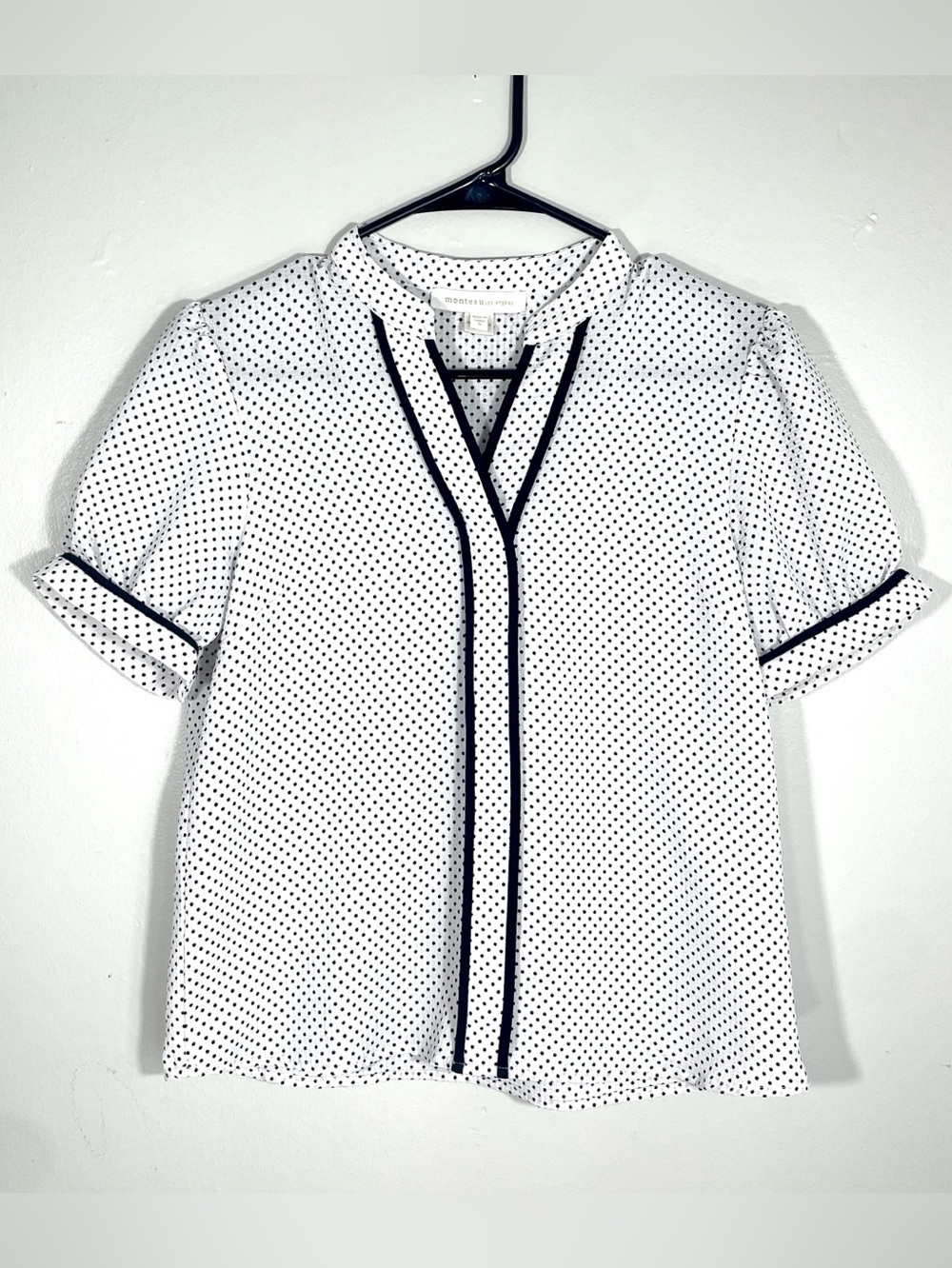 Monteau Los Angeles Polka Dot Puff Sleeve Blouse White Black Office Chic Top